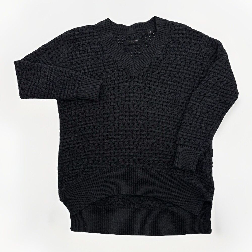Allsaints Sweater Womens Size XS Black Open Weave V Neck Sweater 100% Cotton
